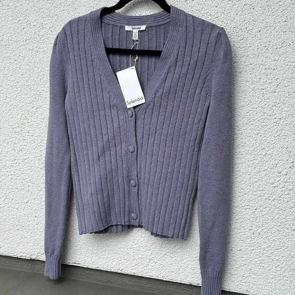 Splendid Cardigan Sweater Ribbed Knit Button‎ Front Long Sleeve Lilac S NWT - Picture 6 of 7